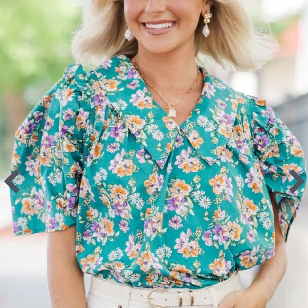 Entro Teal Floral Blouse with Ruffle Details